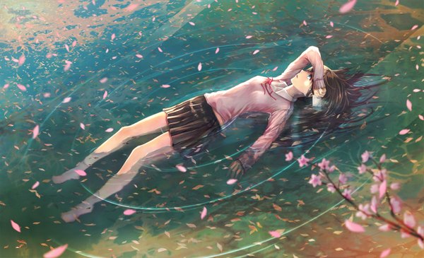 Anime picture 1446x880 with original jname single long hair blue eyes brown hair wide image lying barefoot tears cherry blossoms looking up ophelia's pose girl skirt uniform school uniform petals water branch