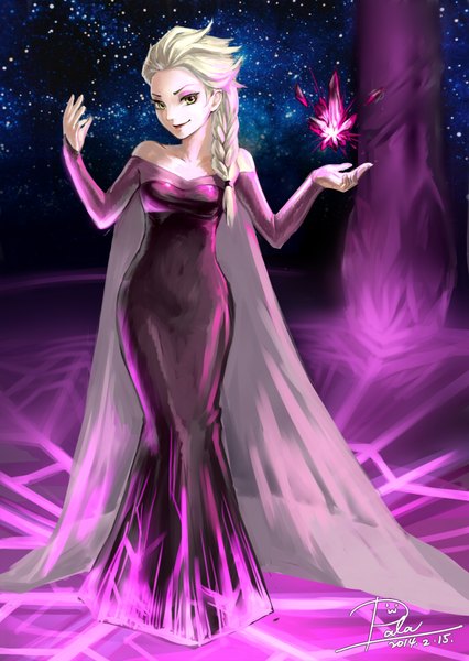 Anime picture 700x986 with frozen (disney) disney elsa (frozen) scotishfold single tall image breasts blonde hair smile standing bare shoulders green eyes signed braid (braids) arm up night night sky magic dated makeup