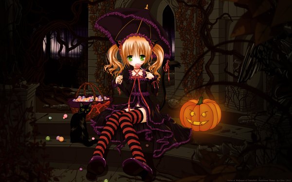 Anime picture 2560x1600 with tinker bell single long hair looking at viewer blush highres blonde hair wide image sitting twintails green eyes animal ears cat ears cat girl cat tail loli halloween girl thighhighs dress