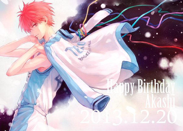 Anime picture 1000x718 with kuroko no basket production i.g akashi seijuurou sawa2 single looking at viewer short hair red eyes bare shoulders red hair profile wind inscription happy birthday boy uniform ribbon (ribbons) gym uniform basketball uniform