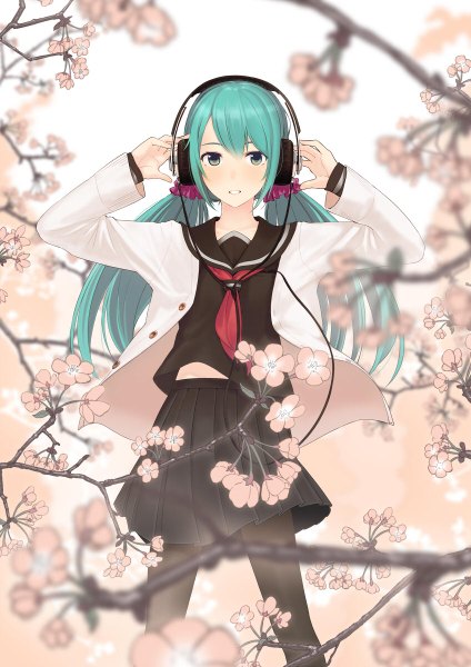 Anime picture 848x1200 with vocaloid hatsune miku couzone single long hair tall image looking at viewer blush twintails aqua eyes aqua hair cherry blossoms hand on headphones girl uniform plant (plants) pantyhose tree (trees) serafuku headphones