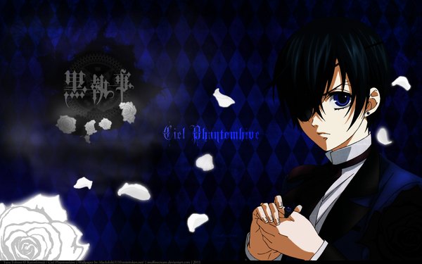 Anime picture 1920x1200 with kuroshitsuji a-1 pictures ciel phantomhive looking at viewer highres short hair blue eyes black hair wide image inscription dark background boy flower (flowers) earrings petals necktie bowtie feather (feathers) eyepatch