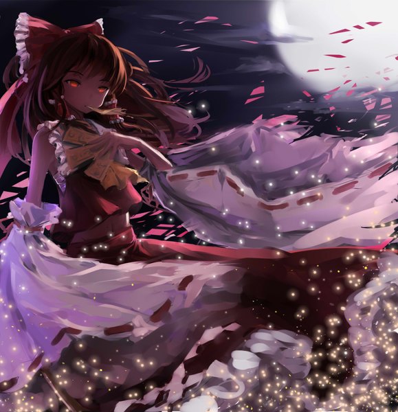 Anime picture 1600x1658 with touhou hakurei reimu ye (heroyexin) single long hair tall image looking at viewer brown hair holding traditional clothes wide sleeves mouth hold glowing glowing eye (eyes) miko glow girl navel bow ribbon (ribbons)