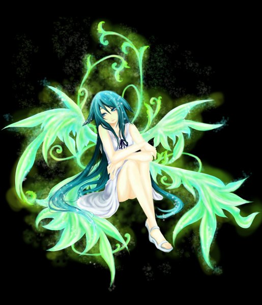 Anime picture 1345x1569 with saya no uta nitroplus saya (saya no uta) nasha long hair tall image blue eyes sitting aqua hair sleeveless black background girl wings sundress sandals