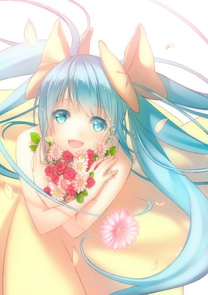 Anime picture 723x1023 with vocaloid hatsune miku nana mikoto single long hair tall image open mouth simple background smile white background twintails bare shoulders aqua eyes from above aqua hair looking up girl dress flower (flowers) bow