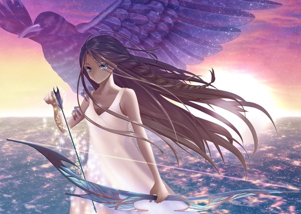 Anime picture 4175x2976 with original chocolat-chat single long hair highres blue eyes black hair absurdres evening sunset girl dress weapon animal bird (birds) sundress bow (weapon) arrow (arrows)