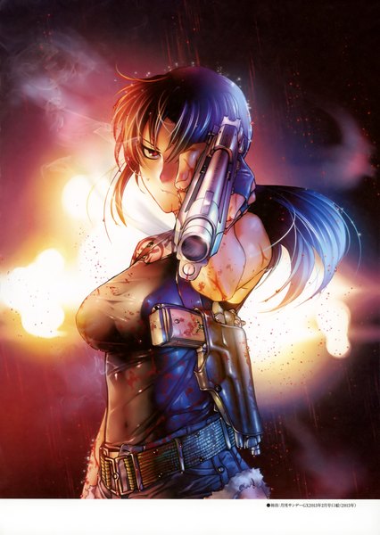 Anime picture 2509x3537 with black lagoon madhouse revy (black lagoon) hiroe rei single long hair tall image looking at viewer highres brown eyes blue hair ponytail scan orange hair official art tattoo smoke smoking gun girl weapon