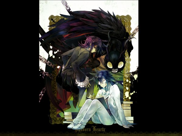 Anime picture 1335x1000 with pandora hearts xebec leo (pandora hearts) jabberwocky (wonderland) jabberwock bun-o (artist) long hair looking at viewer sitting purple eyes blue hair purple hair profile from behind multiple boys back framed boy animal glasses