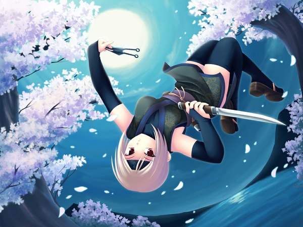 Anime picture 1024x768 with blonde hair red eyes cherry blossoms girl moon ninja