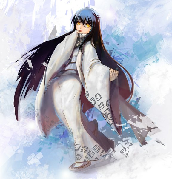 Anime picture 900x936 with nurarihyon no mago yuki onna (nurarihyon no mago) gabuccc single long hair tall image looking at viewer fringe black hair yellow eyes long sleeves traditional clothes japanese clothes light smile outstretched arm hand on face girl kimono scarf obi