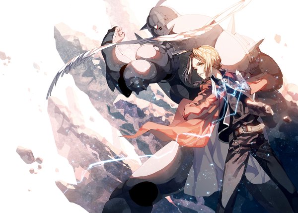 Anime picture 1750x1250 with fullmetal alchemist studio bones edward elric alphonse elric ser323 long hair highres smile standing yellow eyes looking away braid (braids) multiple boys fighting stance back to back lightning boy gloves white gloves armor