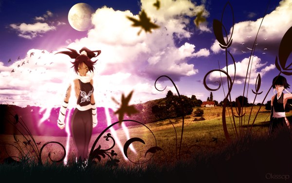Anime picture 2560x1600 with bleach studio pierrot shihouin yoruichi soifon long hair highres short hair black hair wide image multiple girls ponytail traditional clothes japanese clothes wallpaper light lightning field girl 2 girls plant (plants)
