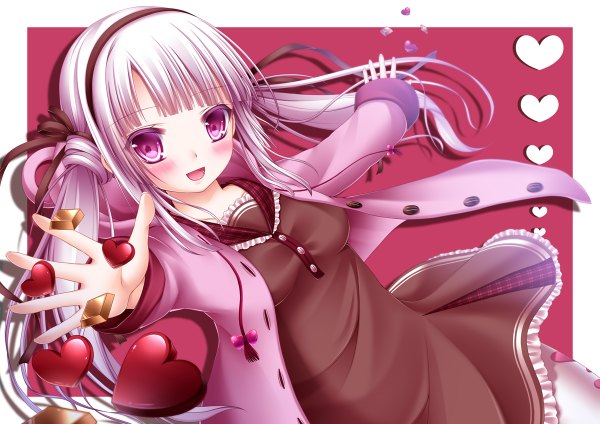 Anime picture 1200x848 with original shitou single long hair blush open mouth twintails purple eyes purple hair valentine girl food heart hairband sweets