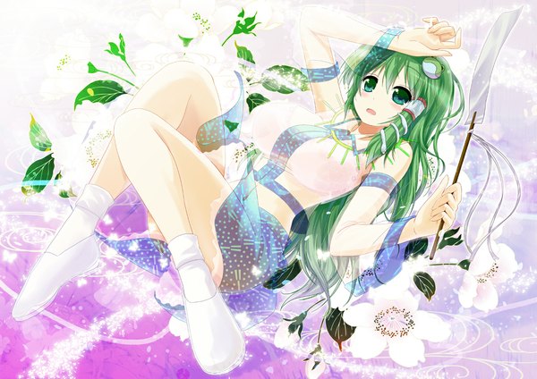 Anime picture 1169x827 with touhou kochiya sanae porurin long hair open mouth light erotic green eyes green hair girl skirt plant (plants) skirt set
