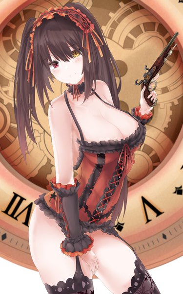 Anime picture 2000x3200 with date a live tokisaki kurumi ru zhai single long hair tall image looking at viewer blush fringe highres breasts light erotic black hair hair between eyes red eyes large breasts standing twintails bare shoulders holding