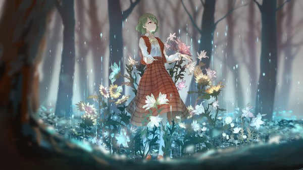 Anime picture 2560x1440 with touhou kazami yuuka dc (12696462) single fringe highres short hair red eyes wide image outdoors green hair wallpaper looking up spread arms rain girl dress skirt flower (flowers) plant (plants)