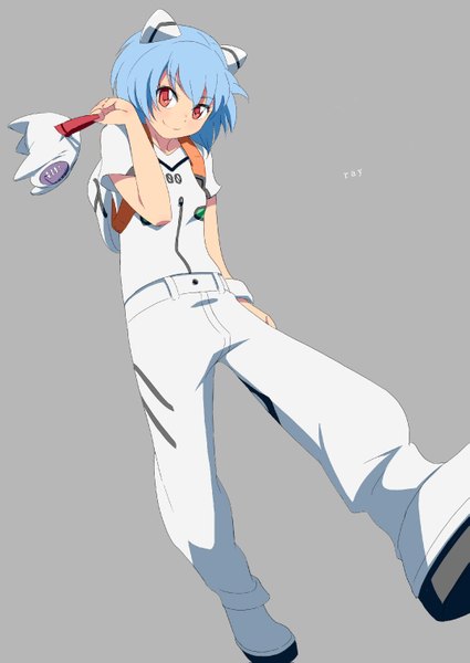 Anime picture 1075x1519 with neon genesis evangelion gainax ayanami rei mebae single tall image short hair simple background smile red eyes blue hair grey background casual girl bag