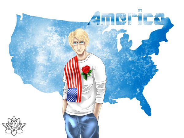 Anime picture 1600x1200 with axis powers hetalia studio deen america (hetalia) yaroslavapanina single looking at viewer short hair blue eyes simple background blonde hair white background hands in pockets boy flower (flowers) glasses scarf rose (roses) sweater card (cards) jeans