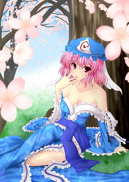 Anime picture 1024x1446 with touhou saigyouji yuyuko inu3 single tall image short hair breasts light erotic red eyes bare shoulders pink hair cleavage cherry blossoms girl hat