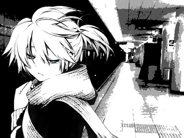 Anime picture 1200x899 with vocaloid when the first love ends (vocaloid) kagamine len hekicha single fringe short hair hair between eyes monochrome boy