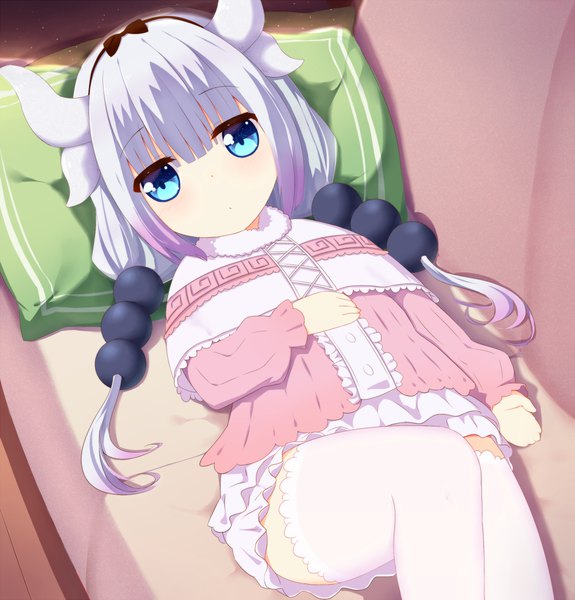 Anime picture 1150x1200 with kobayashi-san chi no maidragon kyoto animation kanna kamui ddt (darktrident) single long hair tall image looking at viewer fringe blue eyes light erotic hair between eyes twintails silver hair bent knee (knees) lying horn (horns) from above on back loli
