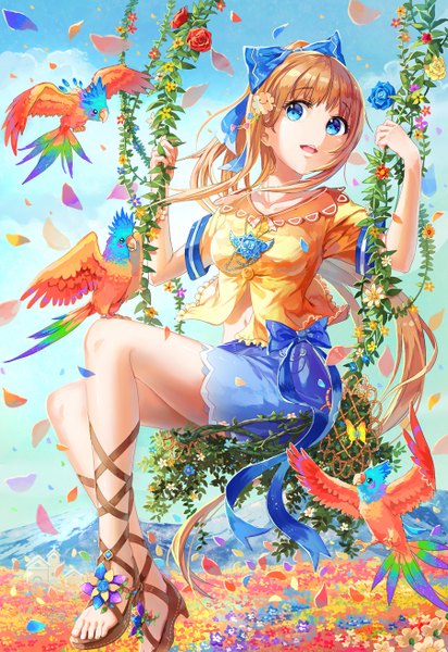 Anime picture 902x1313 with original nagakura (seven walkers) long hair tall image looking at viewer fringe open mouth blue eyes sitting holding sky cloud (clouds) bent knee (knees) hair flower sunlight orange hair bare legs happy mountain flying