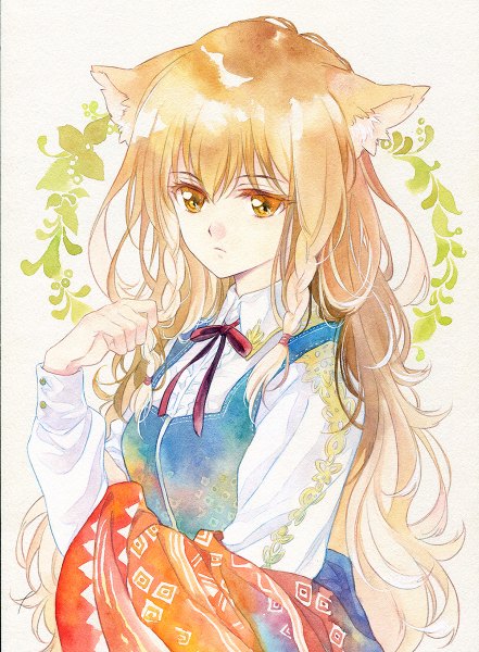 Anime picture 882x1200 with original agahari single long hair tall image simple background blonde hair white background animal ears yellow eyes looking away upper body braid (braids) scan twin braids turning head floral print adjusting hair expressionless traditional media