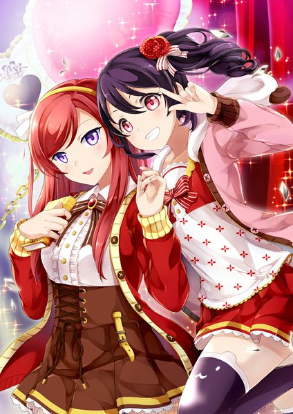 Anime picture 707x1000 with love live! school idol project sunrise (studio) love live! nishikino maki yazawa nico ninamo tall image short hair open mouth black hair smile red eyes purple eyes multiple girls ponytail red hair grin side ponytail girl thighhighs