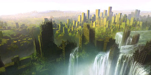 Anime picture 1300x650 with original peteamachree (artist) wide image city cityscape waterfall panorama post-apocalyptic overgrown water