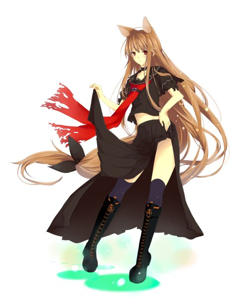 Anime picture 1920x2400 with ookami-san to shichinin no nakama-tachi j.c. staff ookami ryouko sae^2 single long hair tall image highres red eyes brown hair animal ears very long hair midriff legs flat chest low ponytail skirt lift wolf ears girl thighhighs