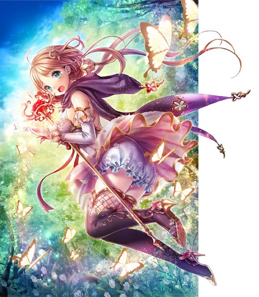 Anime picture 750x861 with original kempin long hair tall image looking at viewer fringe open mouth blue eyes brown hair twintails sky bent knee (knees) looking back high heels flying girl thighhighs dress hair ornament flower (flowers)