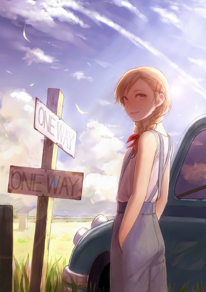 Anime picture 2893x4092 with original romiy single long hair tall image looking at viewer fringe highres blue eyes standing holding sky cloud (clouds) braid (braids) looking back light smile sunlight orange hair sleeveless twin braids