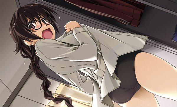 Anime picture 1205x731 with shikei long hair looking at viewer blush fringe open mouth light erotic brown hair wide image brown eyes ass braid (braids) from below open shirt couple single braid undressing scared girl underwear