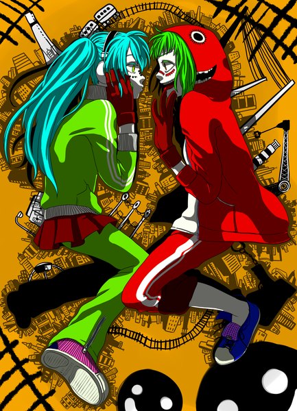 Anime picture 1300x1800 with vocaloid matryoshka (vocaloid) hatsune miku gumi tagme (artist) tall image short hair red eyes twintails multiple girls green eyes green hair aqua hair casual girl gloves 2 girls shoes tongue headphones
