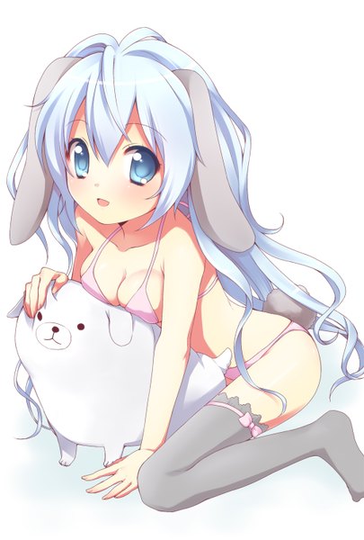 Anime picture 1000x1480 with original usashiro mani long hair tall image looking at viewer blush open mouth blue eyes light erotic simple background white background sitting blue hair bunny ears bunny girl bunny tail girl thighhighs underwear animal