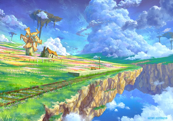 Anime picture 1920x1344 with original kaitan highres signed sky cloud (clouds) no people landscape scenic floating island meadow flower (flowers) plant (plants) building (buildings) grass bench house flower field island train station