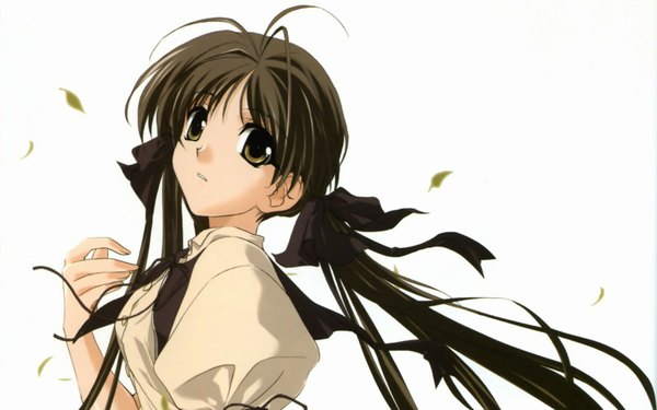 Anime picture 1680x1050 with memories off memories off 2nd shirakawa hotaru sasaki mutsumi long hair simple background brown hair wide image white background twintails brown eyes wind girl uniform ribbon (ribbons) hair ribbon school uniform leaf (leaves)
