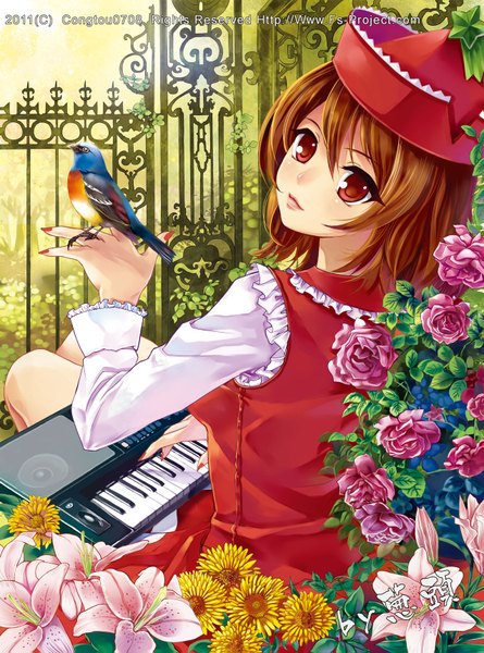 Anime picture 1276x1719 with touhou lyrica prismriver fs-project (artist) tall image short hair red eyes brown hair nail polish looking back bird on hand girl flower (flowers) animal bird (birds) rose (roses) musical instrument lily (flower) pink rose tokin hat