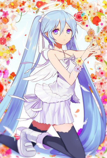 Anime picture 676x1000 with vocaloid hatsune miku harano single tall image looking at viewer blue eyes twintails bare shoulders blue hair very long hair angel wings angel girl thighhighs dress skirt flower (flowers) black thighhighs wings