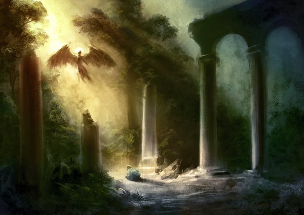 Anime picture 1184x837 with original aspeckofdust (artist) sitting light flying angel plant (plants) wings tree (trees) pillar column