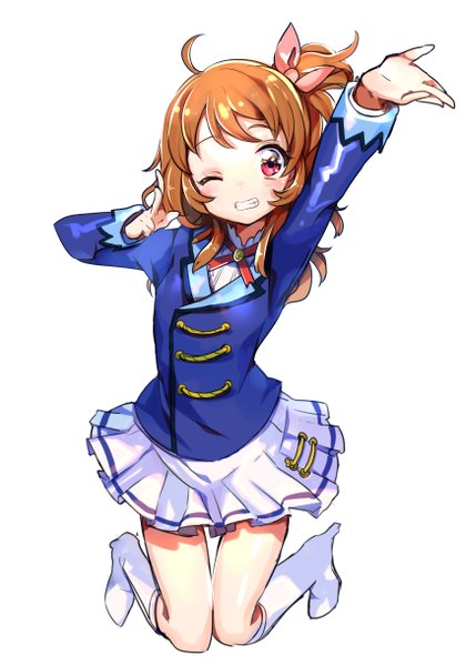 Anime picture 854x1220 with aikatsu! oozora akari konbu wakame single long hair tall image blush simple background red eyes brown hair white background ahoge one eye closed wink one side up outstretched arm victory jumping clenched teeth girl