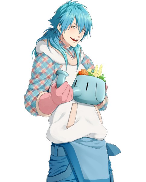 Anime picture 967x1200 with dramatical murder nitro+chiral aoba (dmmd) kuwa ayase single long hair tall image looking at viewer blush open mouth simple background standing white background holding yellow eyes aqua hair boy gloves flower (flowers) hood