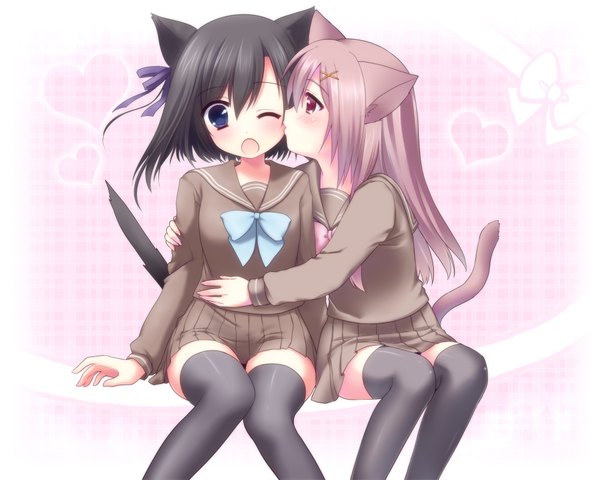 Anime picture 2000x1600 with original usashiro mani long hair blush highres short hair open mouth blue eyes black hair multiple girls animal ears pink hair tail one eye closed pink eyes wink cat ears cat girl cat tail shoujo ai