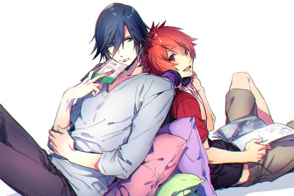 Anime picture 900x600 with uta no prince-sama a-1 pictures ichinose tokiya ittoki otoya nakagawa waka fringe short hair open mouth blue eyes simple background hair between eyes red eyes white background blue hair bent knee (knees) red hair looking back multiple boys turning head reclining