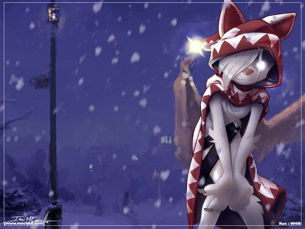 Anime picture 1024x768 with final fantasy square enix white mage ian mcconville single fringe signed white hair hair over one eye night leaning leaning forward glowing snowing winter blue background snow glowing eye (eyes) animal hood wings