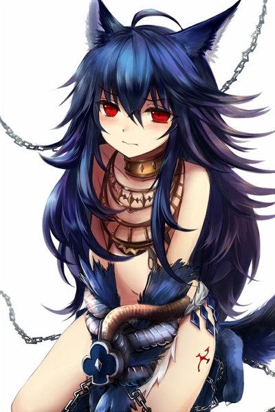 Anime picture 700x1050 with shingeki no bahamut granblue fantasy fenrir (shingeki no bahamut) maho moco single long hair tall image fringe light erotic simple background red eyes white background animal ears blue hair looking away ahoge tail animal tail kneeling bondage