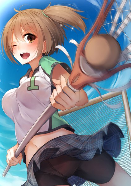 Anime picture 1181x1670 with original waterdog single tall image looking at viewer blush short hair open mouth light erotic brown hair holding brown eyes sky ahoge pleated skirt one eye closed wink sunlight blurry side ponytail