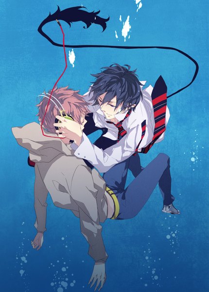 Anime picture 1070x1492 with ao no exorcist a-1 pictures okumura rin shima renzou sara666 (roentgen666) tall image fringe short hair black hair pink hair back underwater boy uniform school uniform water necktie headphones bubble (bubbles) sneakers