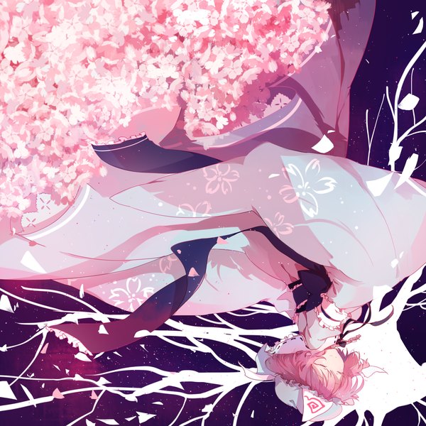 Anime picture 1748x1748 with touhou saigyouji yuyuko mikuru rumisora single fringe highres short hair pink hair eyes closed traditional clothes light smile cherry blossoms upside down girl flower (flowers) ribbon (ribbons) plant (plants) petals tree (trees) bonnet