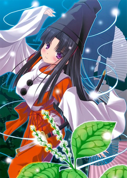 Anime picture 2248x3151 with original noritama (gozen) long hair tall image blush highres black hair purple eyes traditional clothes girl flower (flowers) weapon hat sword katana leaf (leaves) fan